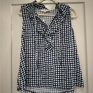LOFT Sleeveless Navy and White Ruffle Blouse